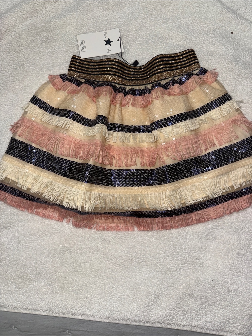 Petite Hailey Embellished Tiered Fringe Skirt in Pink, Cream & Black